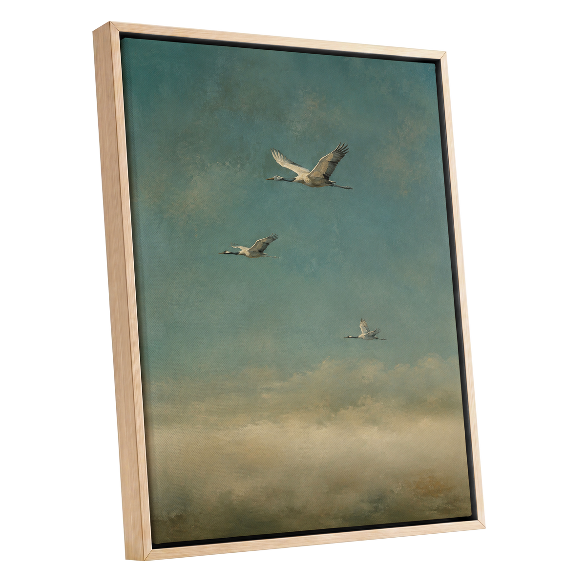 Wings in the Quiet Sky, blue, green, beige nature wall art shown as a oak framed canvas wall art