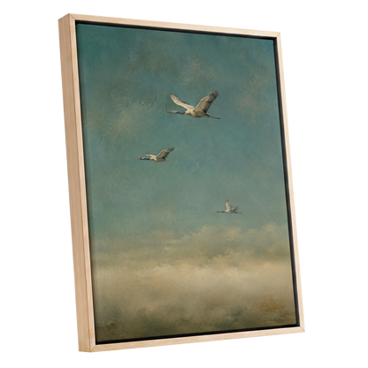 Wings in the Quiet Sky, blue, green, beige nature wall art shown as a oak framed canvas wall art