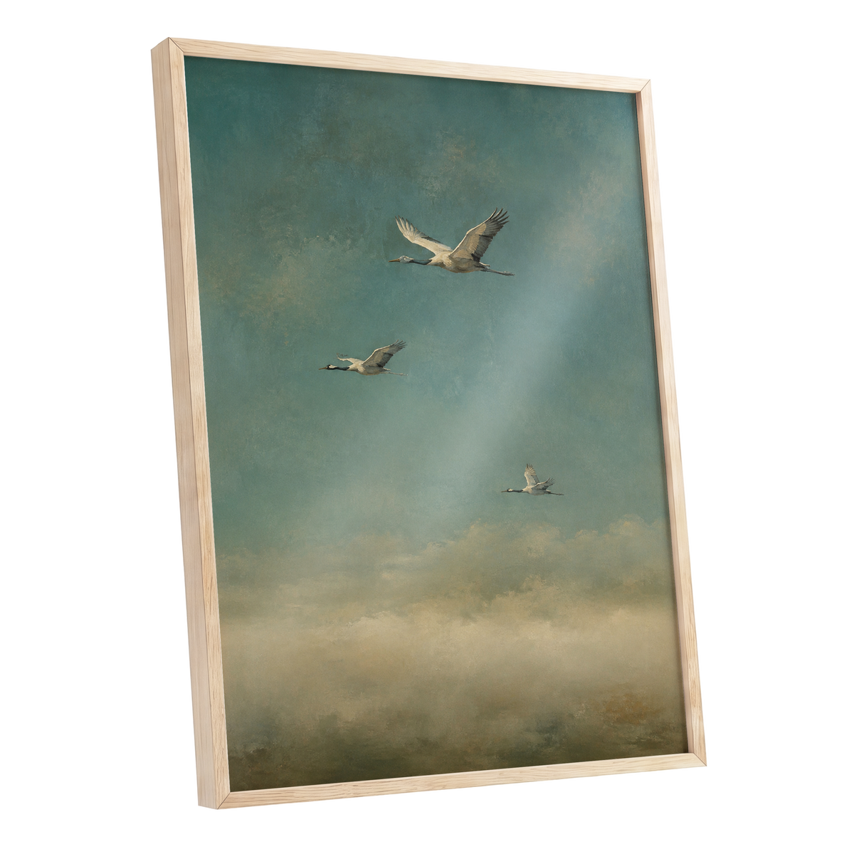 Wings in the Quiet Sky, blue, green, beige nature wall art shown as a oak framed poster wall art print