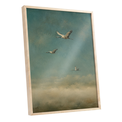 Wings in the Quiet Sky, blue, green, beige nature wall art shown as a oak framed poster wall art print