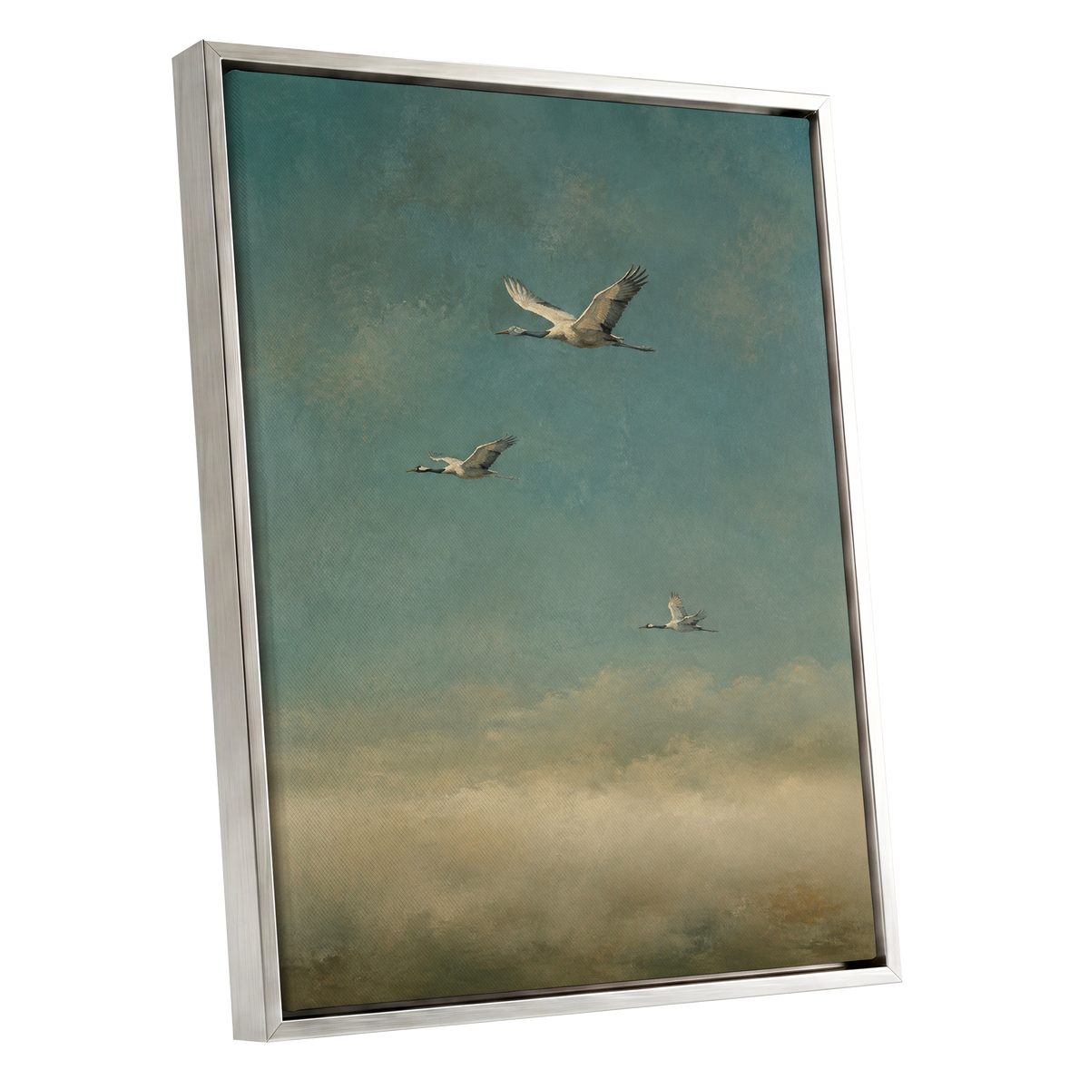 Wings in the Quiet Sky, blue, green, beige nature wall art shown as a silver framed canvas wall art