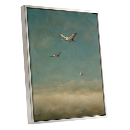 Wings in the Quiet Sky, blue, green, beige nature wall art shown as a silver framed canvas wall art