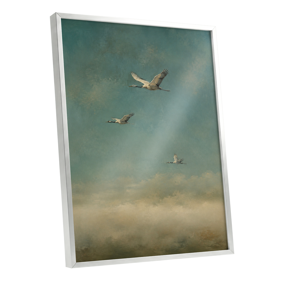 Wings in the Quiet Sky, blue, green, beige nature wall art shown as a silver framed poster wall art print