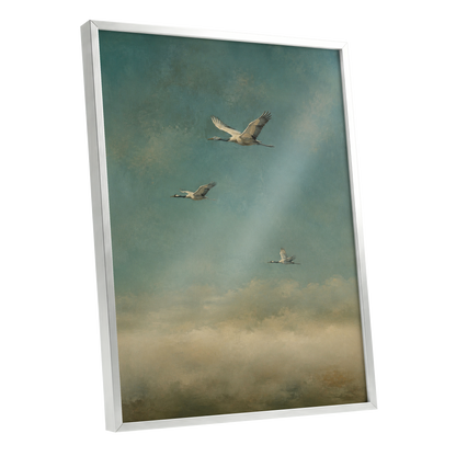 Wings in the Quiet Sky, blue, green, beige nature wall art shown as a silver framed poster wall art print