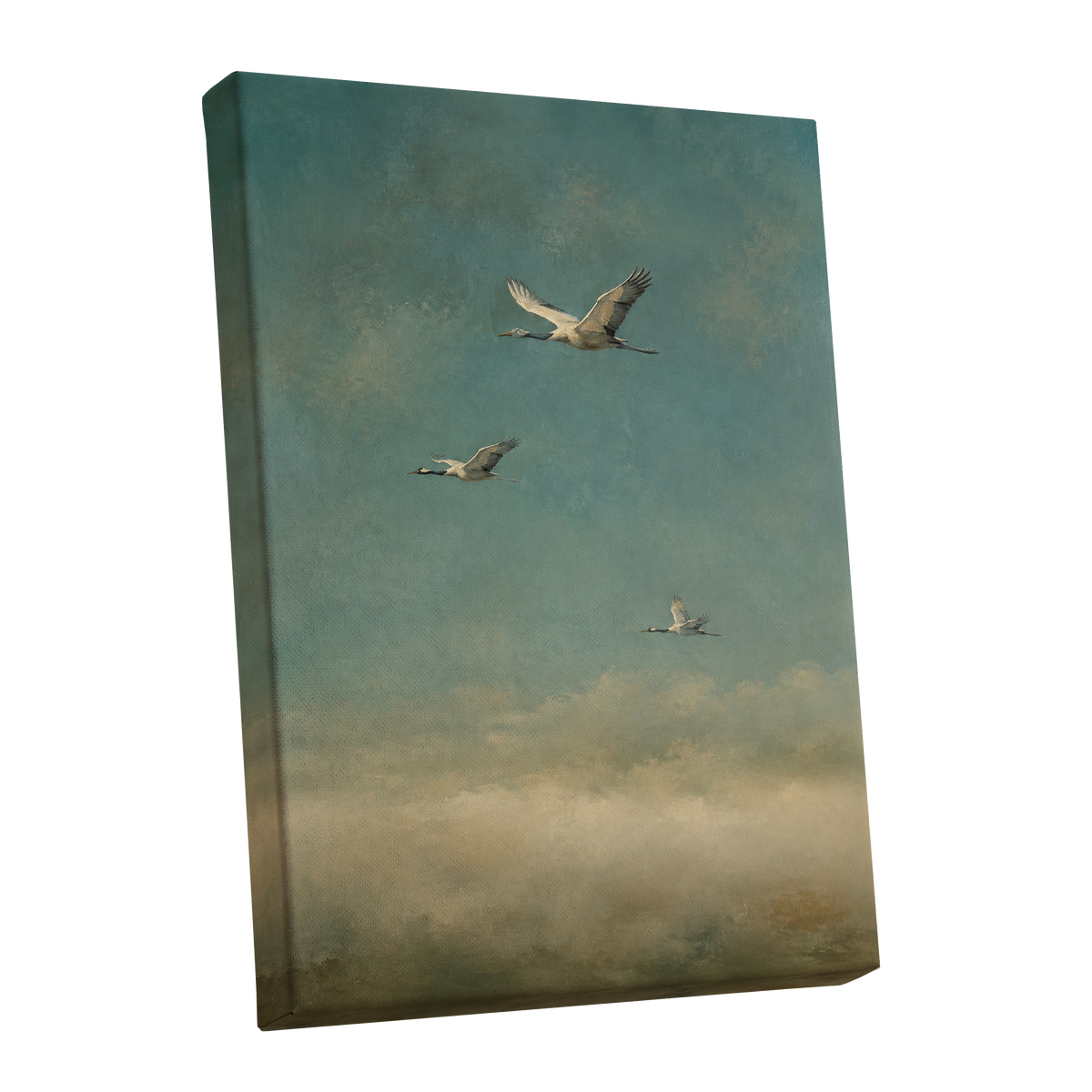 Wings in the Quiet Sky, blue, green, beige nature wall art shown as a stretched canvas wall art