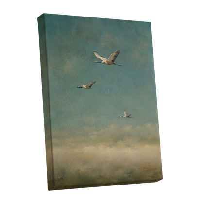 Wings in the Quiet Sky, blue, green, beige nature wall art shown as a stretched canvas wall art