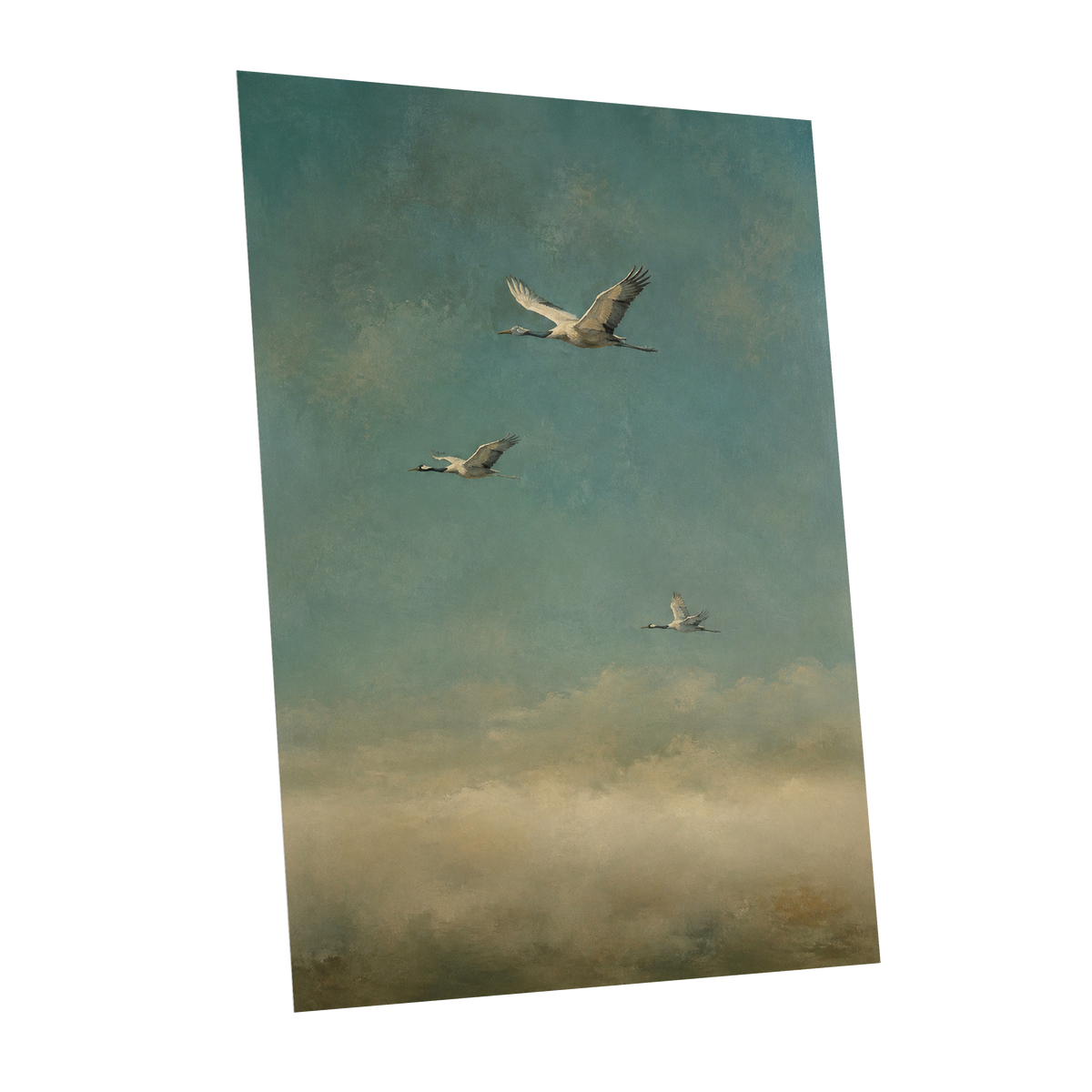 Wings in the Quiet Sky, blue, green, beige nature wall art shown as a unframed poster wall art print