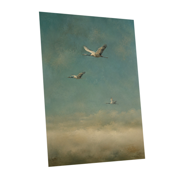 Wings in the Quiet Sky, blue, green, beige nature wall art shown as a unframed poster wall art print