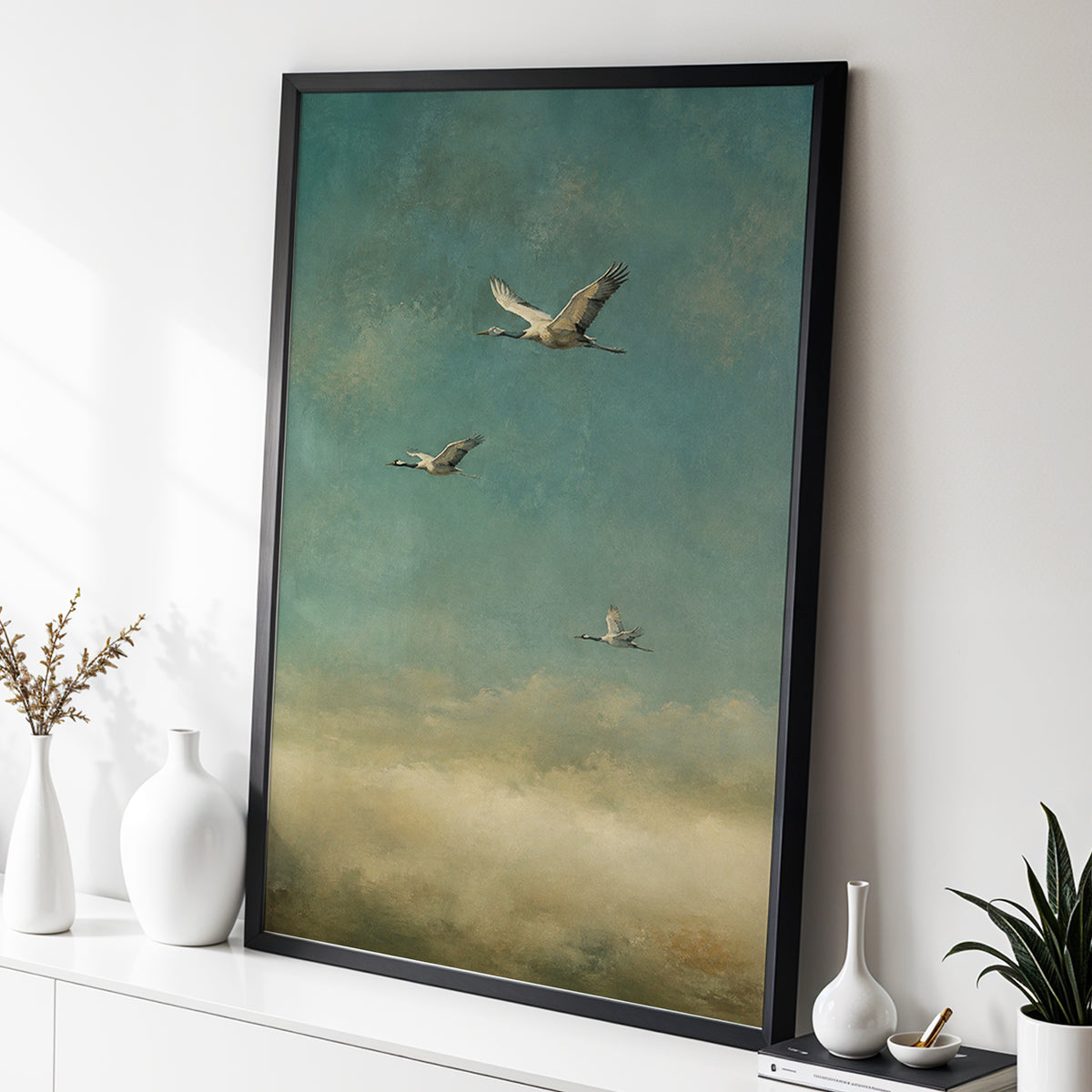 Wings in the Quiet Sky, blue, green, beige nature wall art displayed in a styled interior, gallery view 2