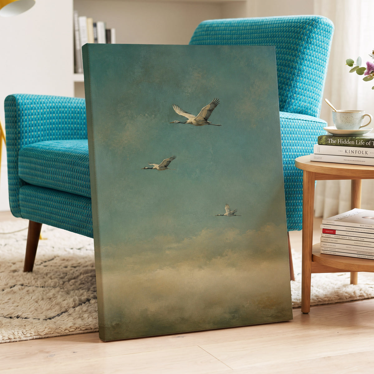 Wings in the Quiet Sky, blue, green, beige nature wall art displayed in a styled interior, gallery view 3