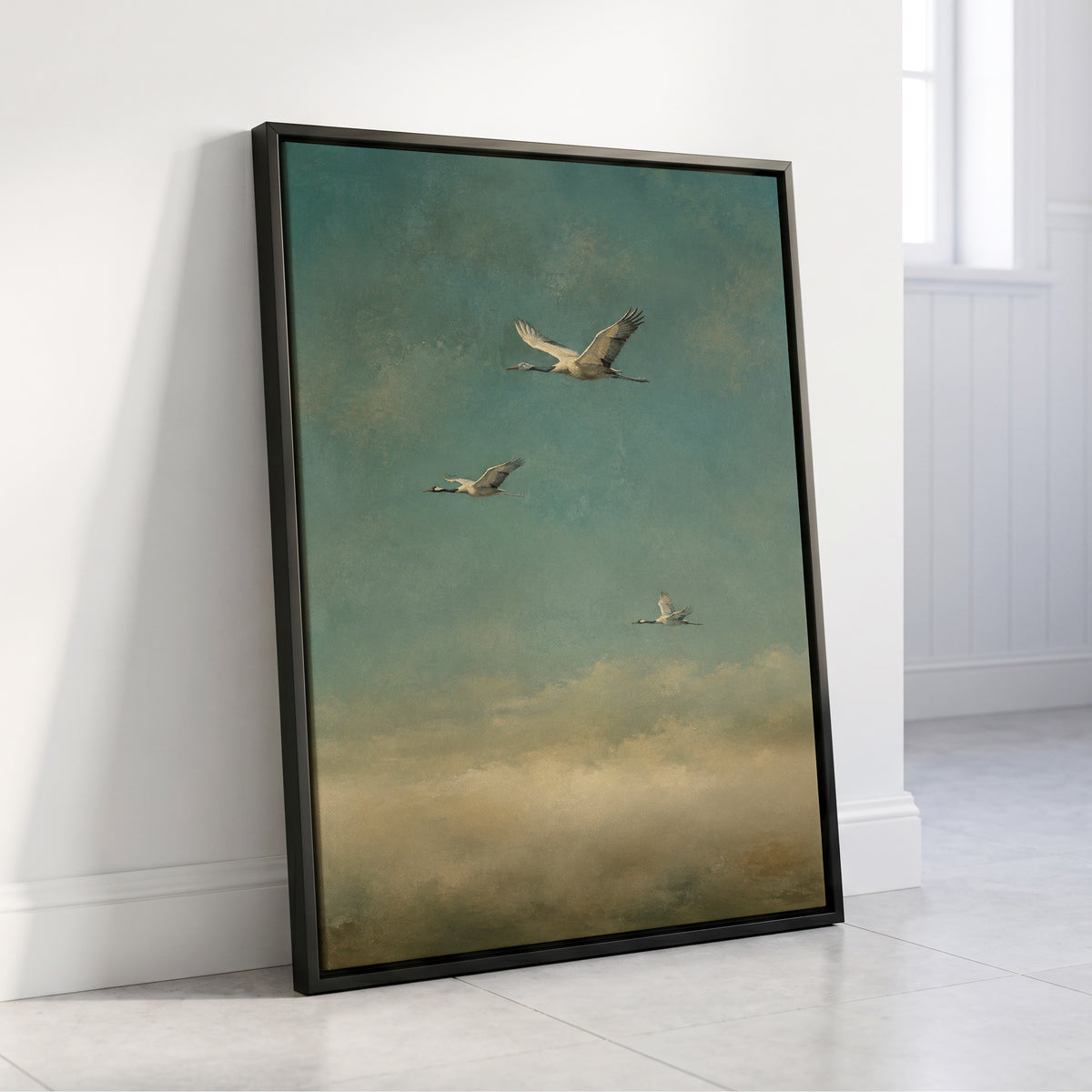 Wings in the Quiet Sky, blue, green, beige nature wall art displayed in a styled interior, gallery view 4