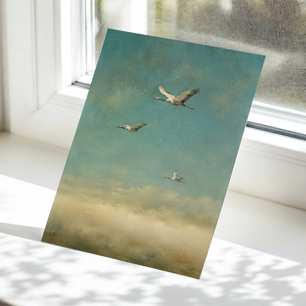 Wings in the Quiet Sky, blue, green, beige nature wall art displayed in a styled interior, gallery view 5
