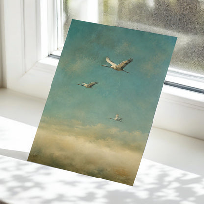 Wings in the Quiet Sky, blue, green, beige nature wall art displayed in a styled interior, gallery view 5