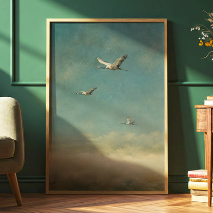 Wings in the Quiet Sky, blue, green, beige nature wall art displayed in a styled interior, gallery view 6