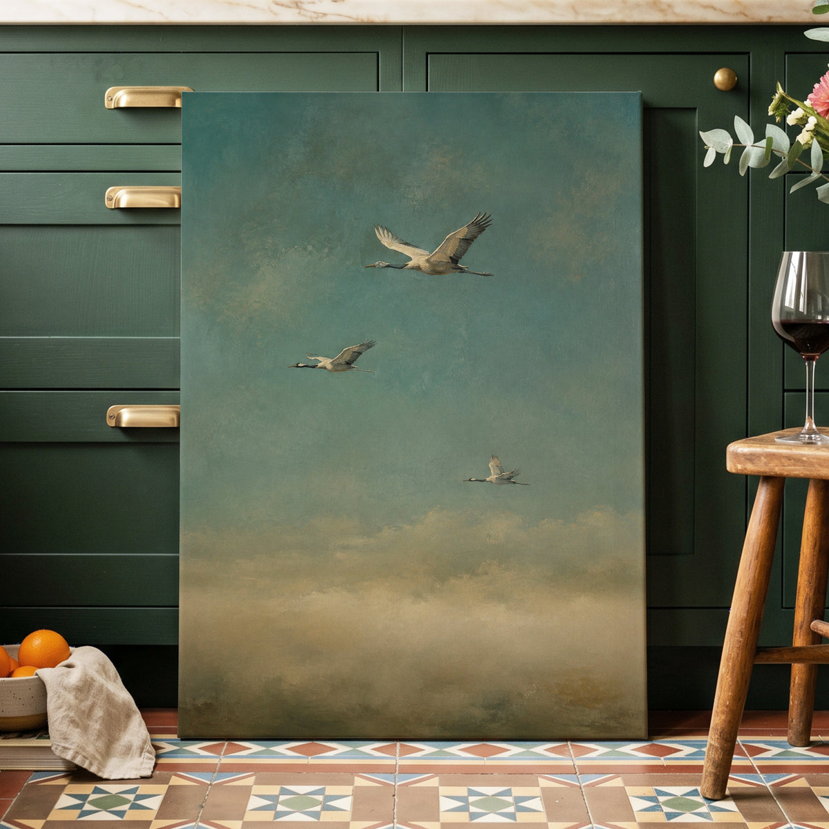 Wings in the Quiet Sky, blue, green, beige nature wall art displayed in a styled interior, gallery view 7
