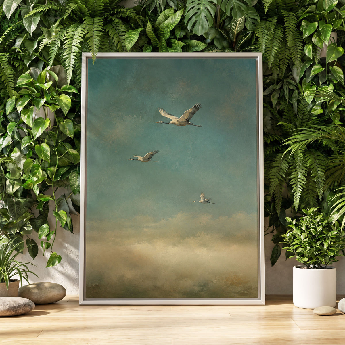 Wings in the Quiet Sky, blue, green, beige nature wall art displayed in a styled interior, gallery view 8