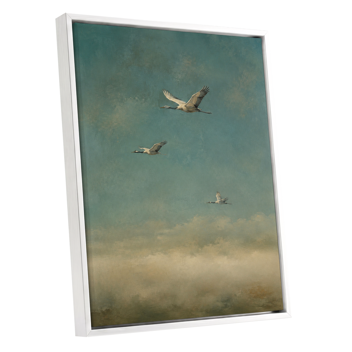 Wings in the Quiet Sky, blue, green, beige nature wall art shown as a white framed canvas wall art