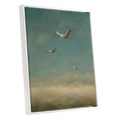 Wings in the Quiet Sky, blue, green, beige nature wall art shown as a white framed canvas wall art