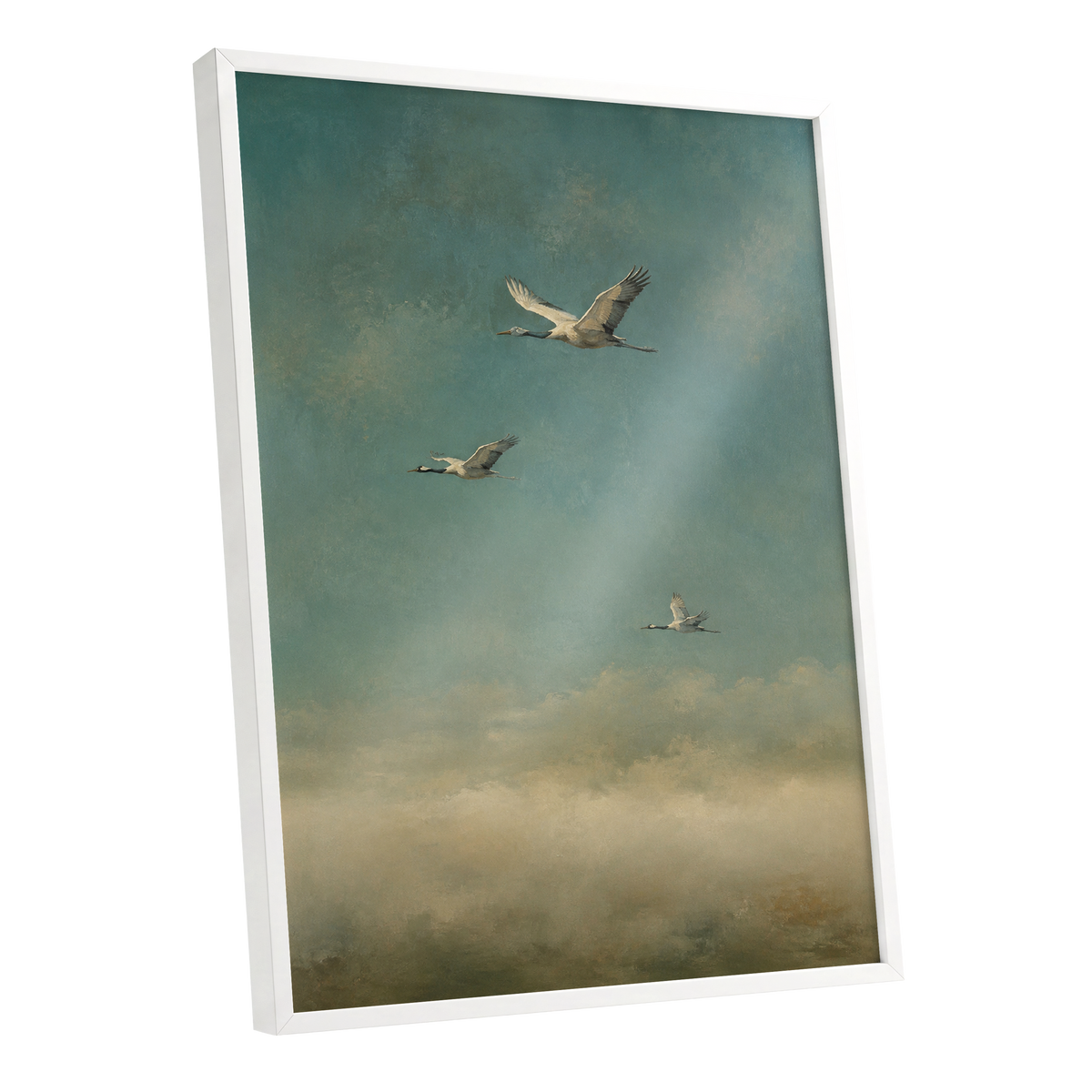 Wings in the Quiet Sky, blue, green, beige nature wall art shown as a white framed poster wall art print