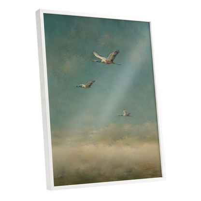Wings in the Quiet Sky, blue, green, beige nature wall art shown as a white framed poster wall art print