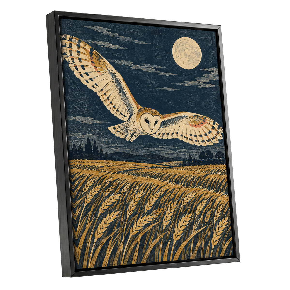 Wings Over Moonlit Wheat, blue, gold, beige nature wall art shown as a black framed canvas wall art