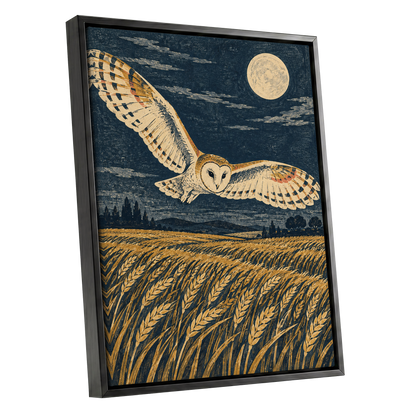 Wings Over Moonlit Wheat, blue, gold, beige nature wall art shown as a black framed canvas wall art