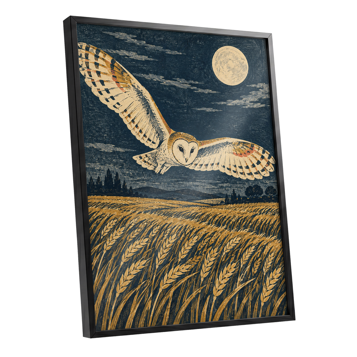 Wings Over Moonlit Wheat, blue, gold, beige nature wall art shown as a black framed poster wall art print