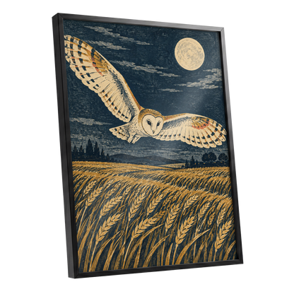 Wings Over Moonlit Wheat, blue, gold, beige nature wall art shown as a black framed poster wall art print