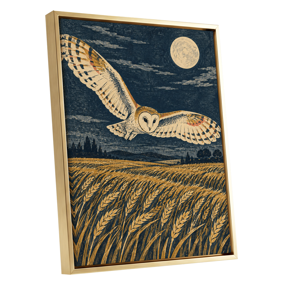 Wings Over Moonlit Wheat, blue, gold, beige nature wall art shown as a gold framed canvas wall art