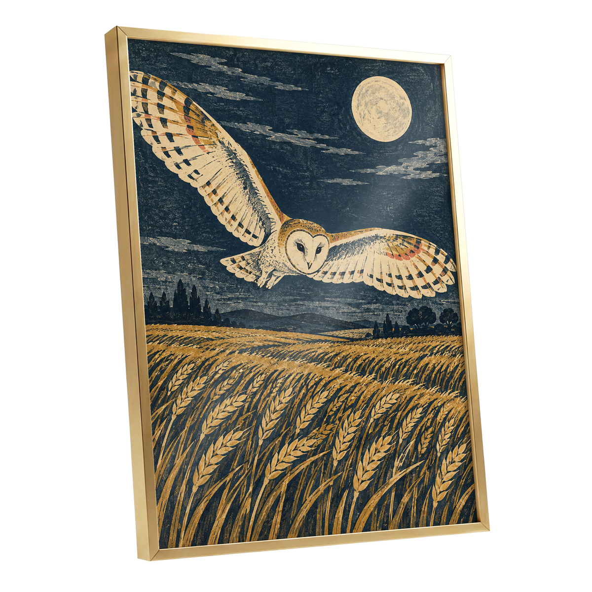 Wings Over Moonlit Wheat, blue, gold, beige nature wall art shown as a gold framed poster wall art print