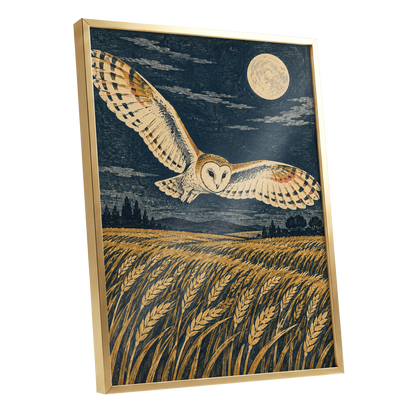 Wings Over Moonlit Wheat, blue, gold, beige nature wall art shown as a gold framed poster wall art print