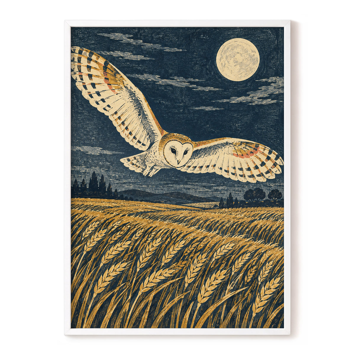 Wings Over Moonlit Wheat, blue, gold, beige nature wall art, front artwork view