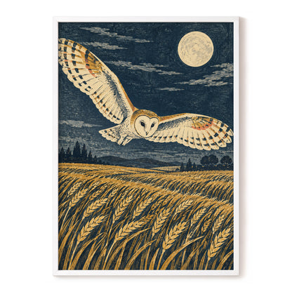 Wings Over Moonlit Wheat, blue, gold, beige nature wall art, front artwork view