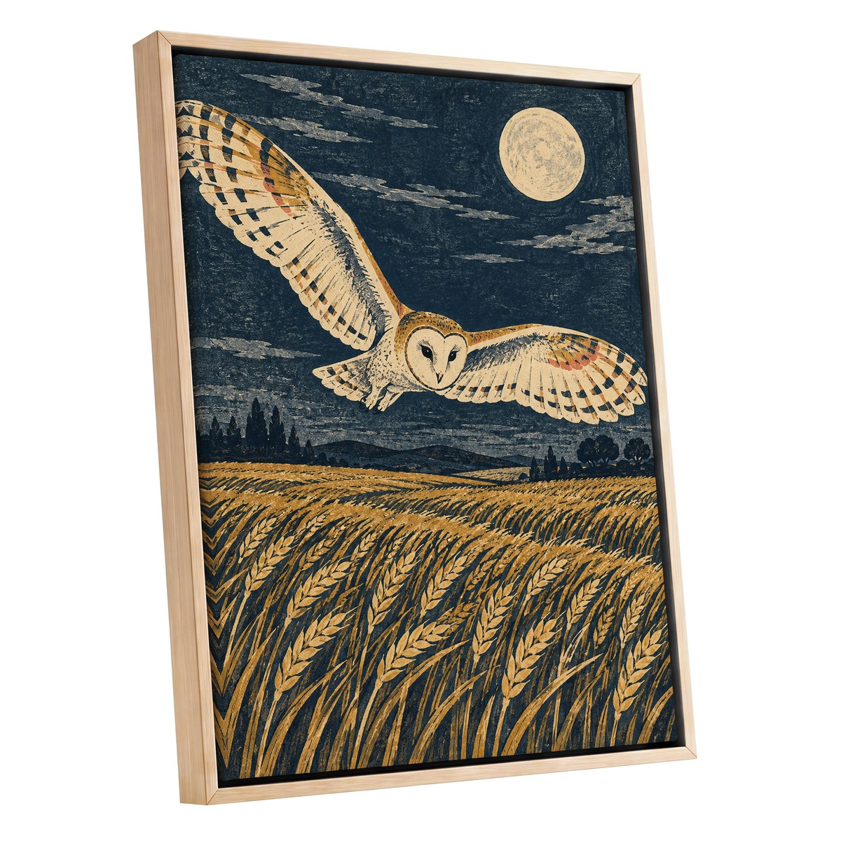 Wings Over Moonlit Wheat, blue, gold, beige nature wall art shown as a oak framed canvas wall art