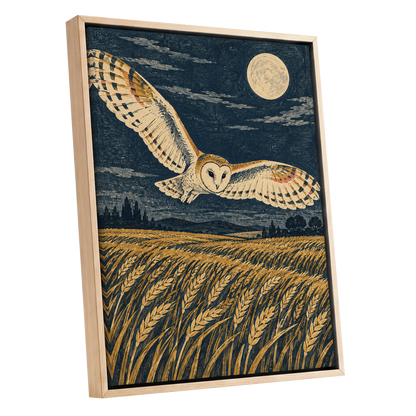 Wings Over Moonlit Wheat, blue, gold, beige nature wall art shown as a oak framed canvas wall art