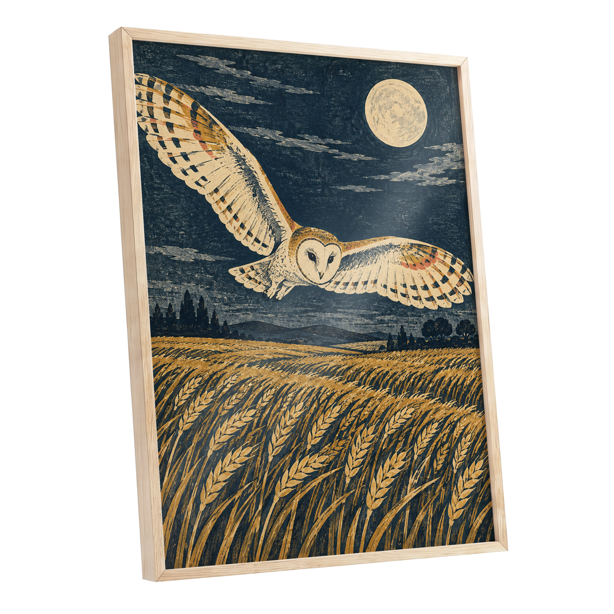 Wings Over Moonlit Wheat, blue, gold, beige nature wall art shown as a oak framed poster wall art print