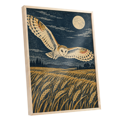 Wings Over Moonlit Wheat, blue, gold, beige nature wall art shown as a oak framed poster wall art print