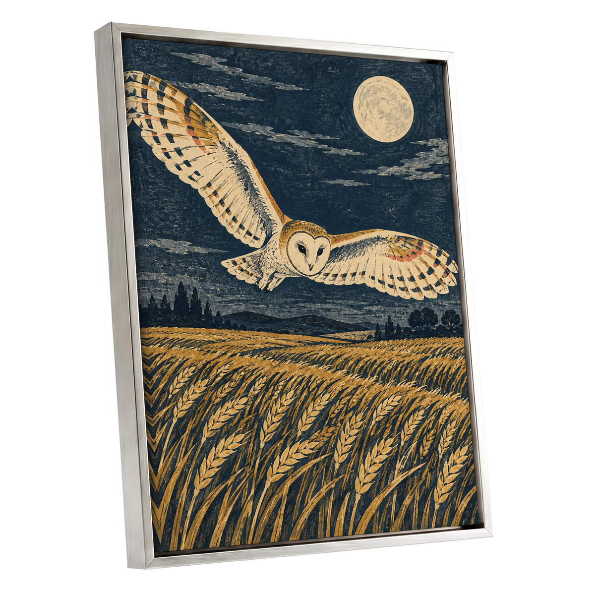 Wings Over Moonlit Wheat, blue, gold, beige nature wall art shown as a silver framed canvas wall art