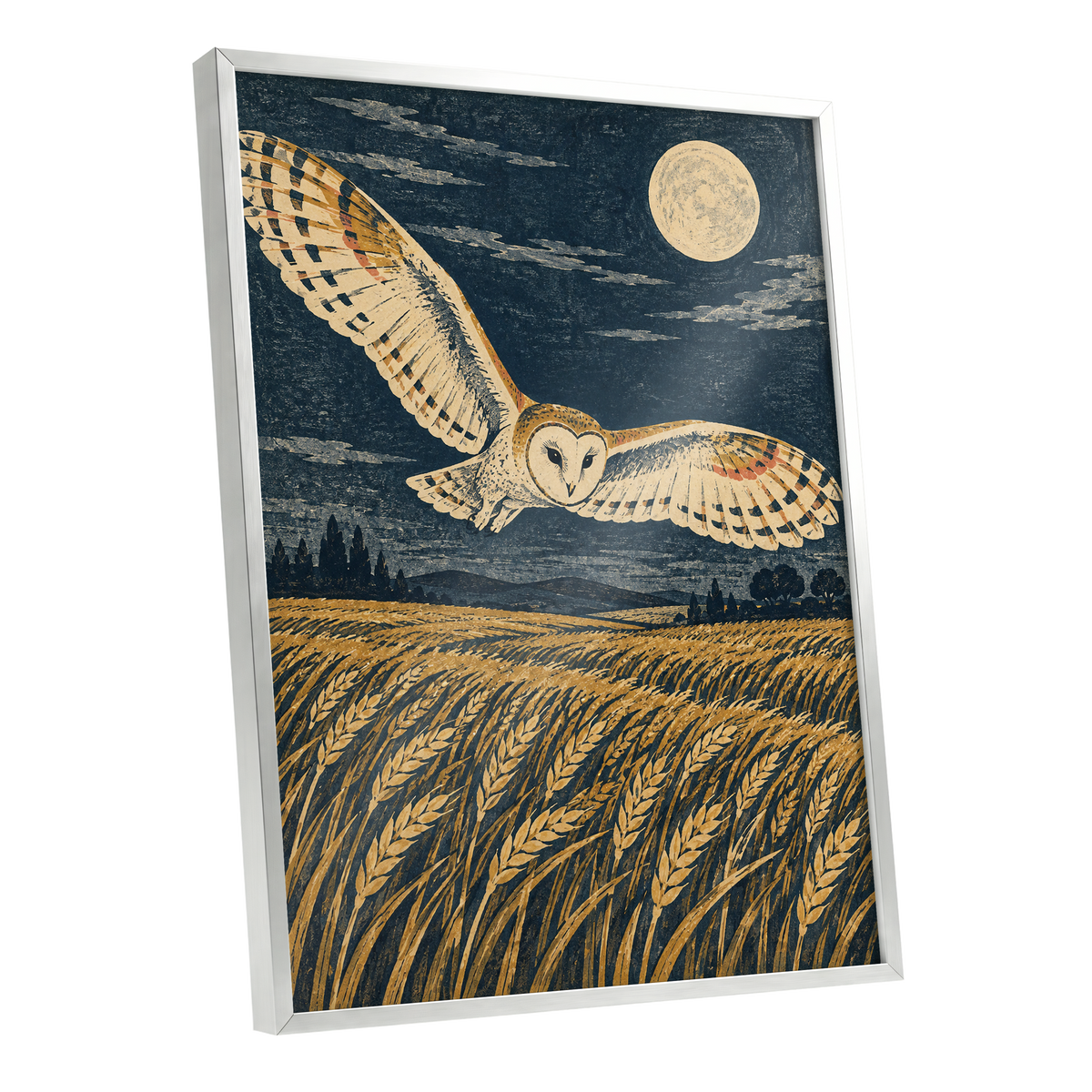 Wings Over Moonlit Wheat, blue, gold, beige nature wall art shown as a silver framed poster wall art print