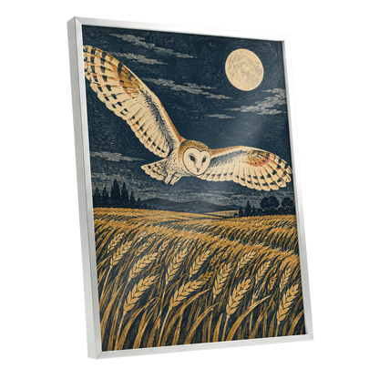 Wings Over Moonlit Wheat, blue, gold, beige nature wall art shown as a silver framed poster wall art print