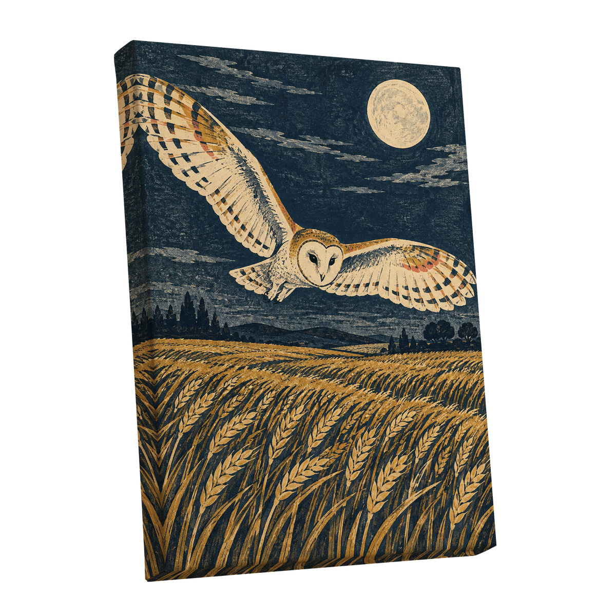 Wings Over Moonlit Wheat, blue, gold, beige nature wall art shown as a stretched canvas wall art