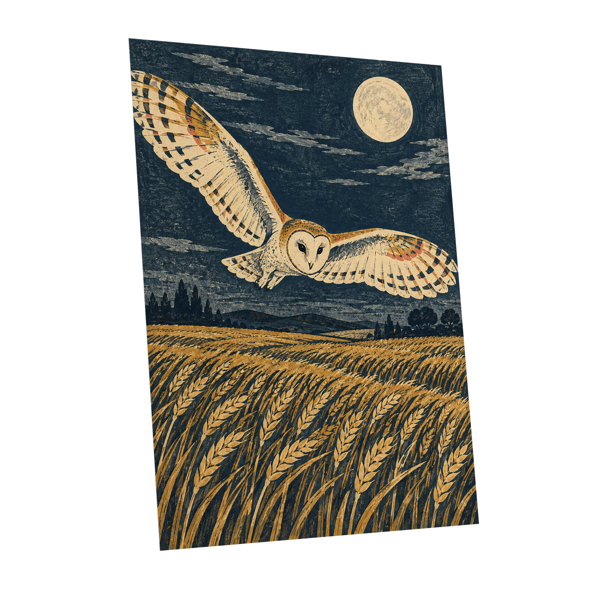Wings Over Moonlit Wheat, blue, gold, beige nature wall art shown as a unframed poster wall art print