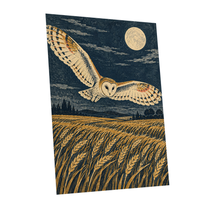 Wings Over Moonlit Wheat, blue, gold, beige nature wall art shown as a unframed poster wall art print