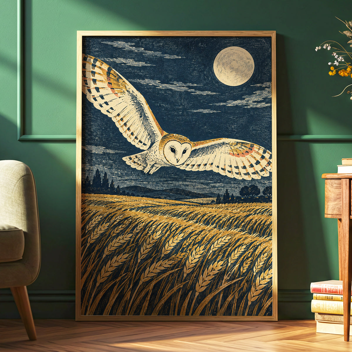 Wings Over Moonlit Wheat, blue, gold, beige nature wall art displayed in a styled interior, gallery view 2