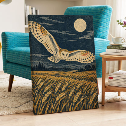 Wings Over Moonlit Wheat, blue, gold, beige nature wall art displayed in a styled interior, gallery view 3