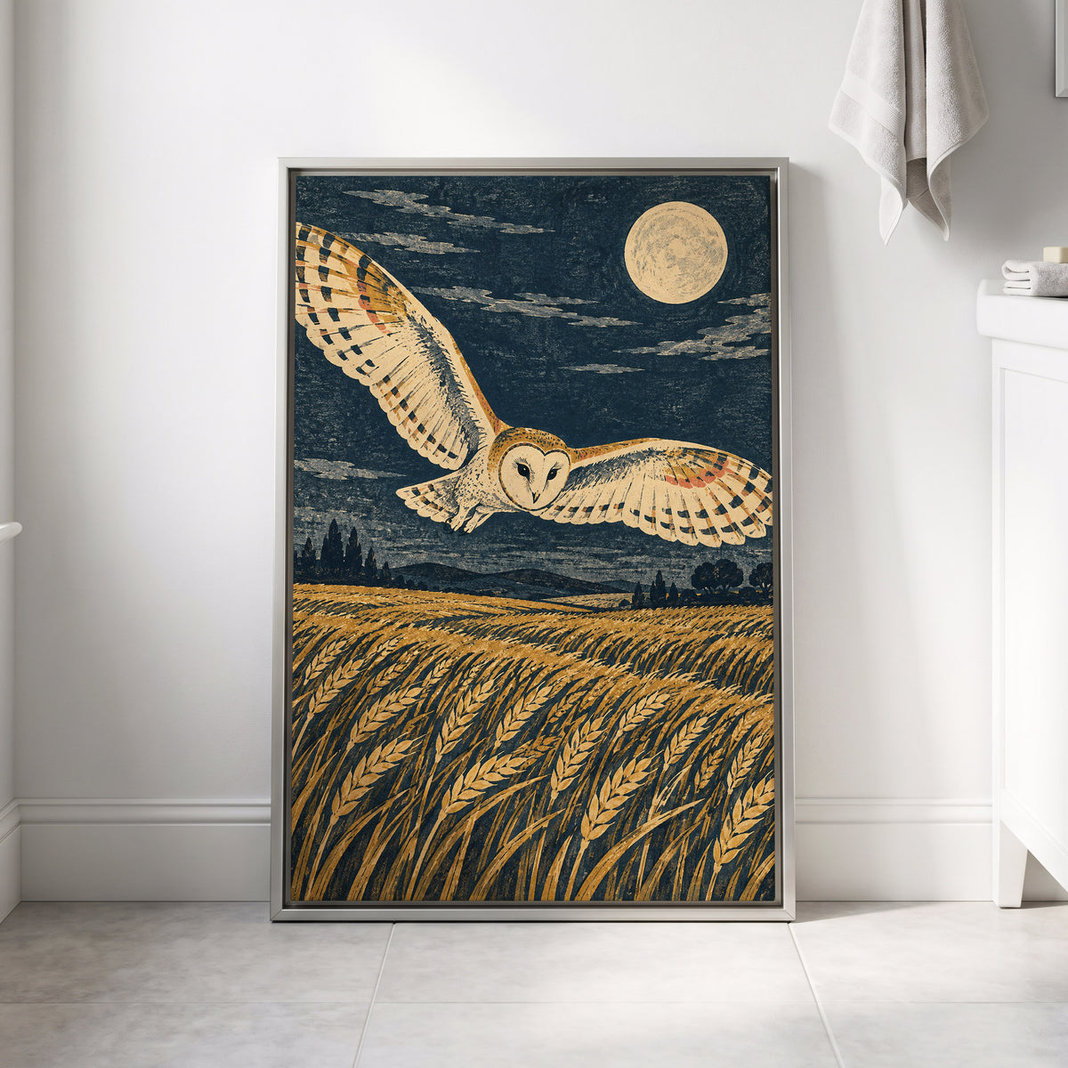 Wings Over Moonlit Wheat, blue, gold, beige nature wall art displayed in a styled interior, gallery view 4