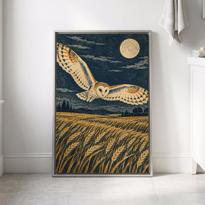 Wings Over Moonlit Wheat, blue, gold, beige nature wall art displayed in a styled interior, gallery view 4