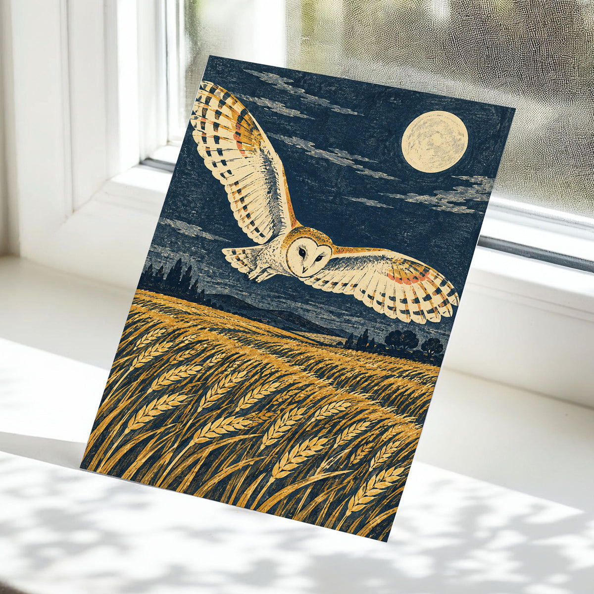 Wings Over Moonlit Wheat, blue, gold, beige nature wall art displayed in a styled interior, gallery view 5