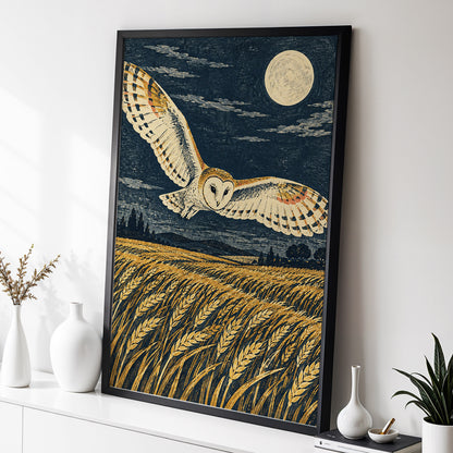 Wings Over Moonlit Wheat, blue, gold, beige nature wall art displayed in a styled interior, gallery view 6