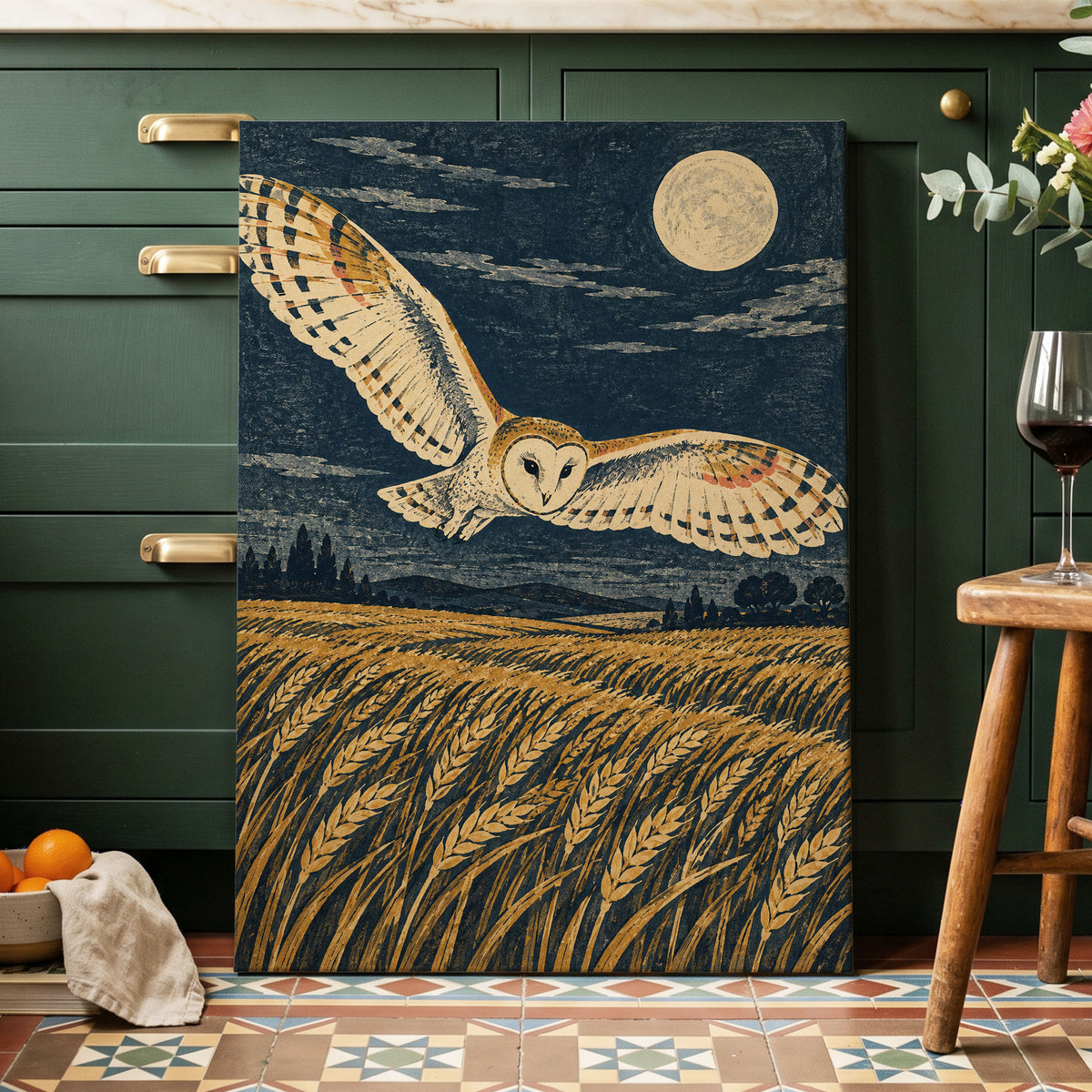 Wings Over Moonlit Wheat, blue, gold, beige nature wall art displayed in a styled interior, gallery view 7